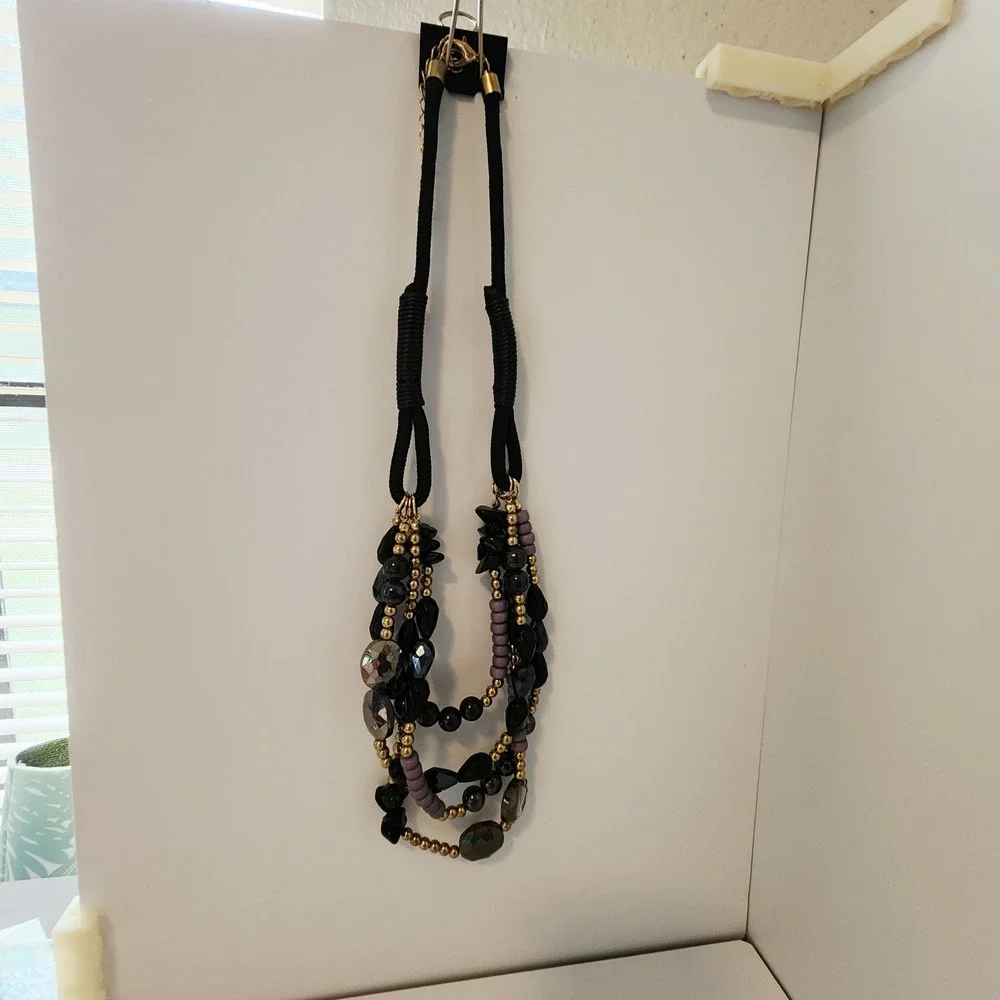 Multi Strand Statement Necklace Black Purple Gold Beaded Layered Cord Adjustable